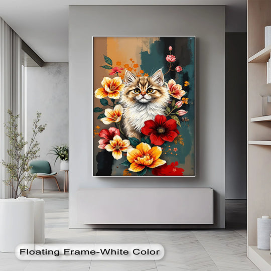 Rectangular Golden Bloom Gaze cat canvas print featuring a geometric arrangement of blooms, bringing unique canvas wall decor to any room.