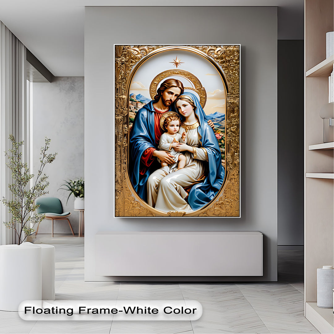 The bold color contrast of the vibrant blue and gold Holy Family premium canvas decor stands out against the room's neutral tones.