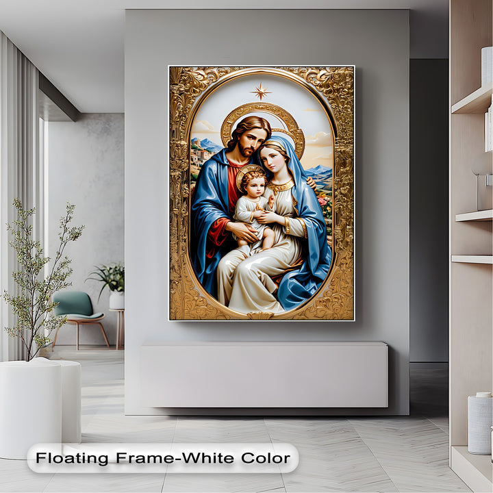 The bold color contrast of the vibrant blue and gold Holy Family premium canvas decor stands out against the room's neutral tones.