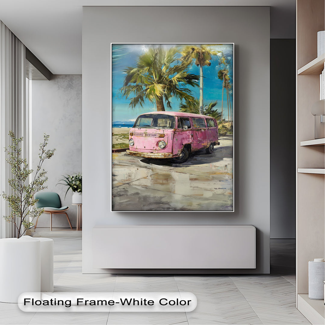 Pink Paradise Ride – Vintage Van by the Beach Canvas Print