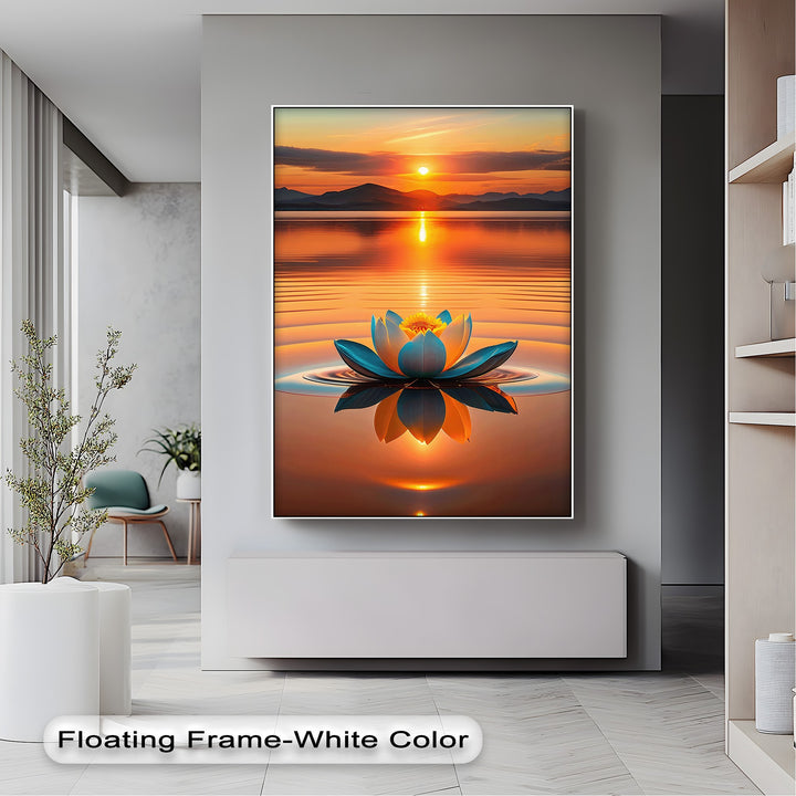 The gentle ripples around the radiant lotus and shimmering sunset reflections beautifully convey movement in this unique canvas print.