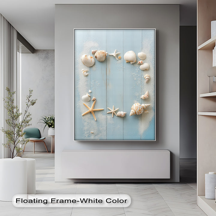 Seashells frame serenity in this beautiful custom canvas print for modern interiors.

