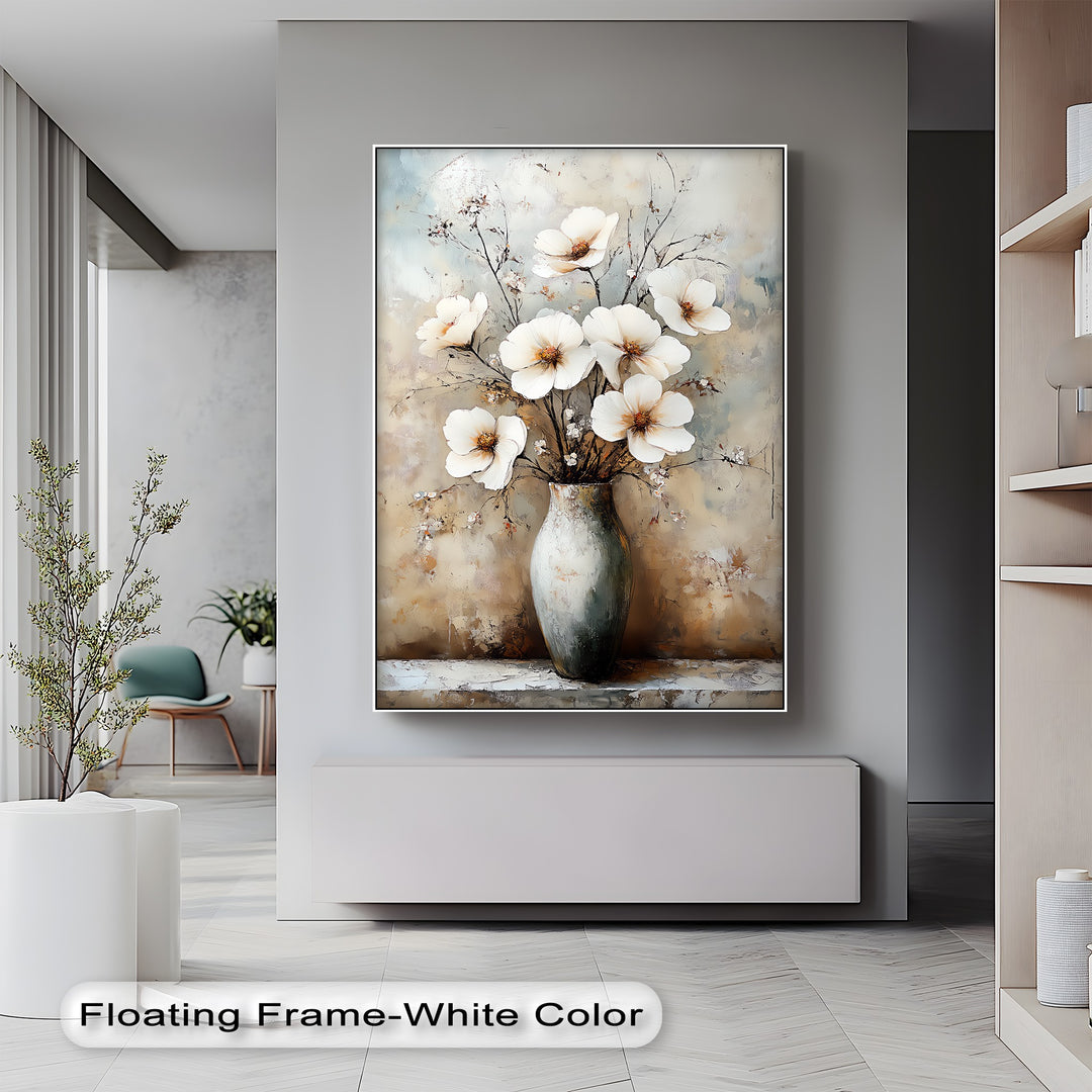 Vintage Bloom Still Life – White Flowers in Vase Canvas Print