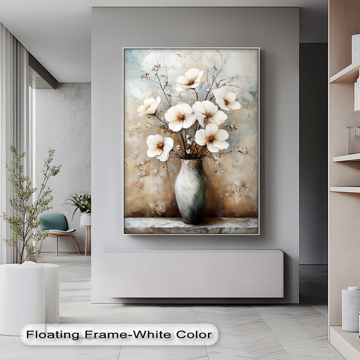Vintage Bloom Still Life – White Flowers in Vase Canvas Print