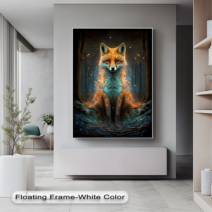 A vertically oriented rectangular best canvas print features a mystic fox, glowing with orange and blue light, sitting in an enchanted dark fantasy forest.