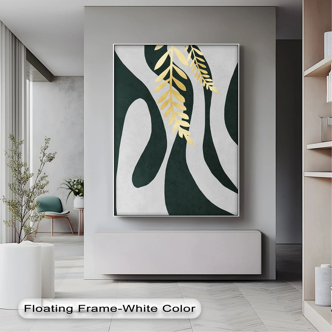 Golden Fern Over Emerald Flow – Minimal Botanical Canvas Print - MyPhotoStation