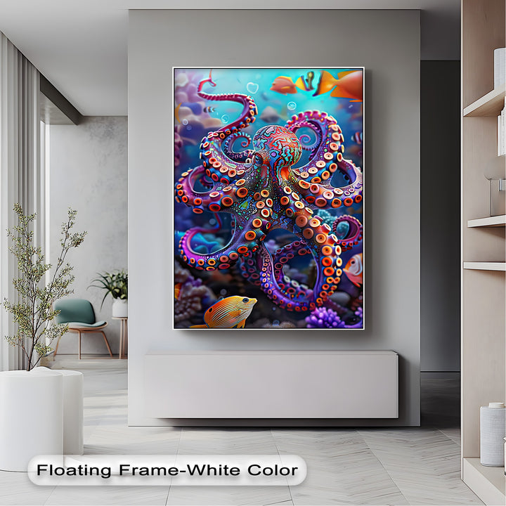 The stillness of the vibrant octopus and tropical fish is perfectly depicted in this mesmerizing canvas painting.