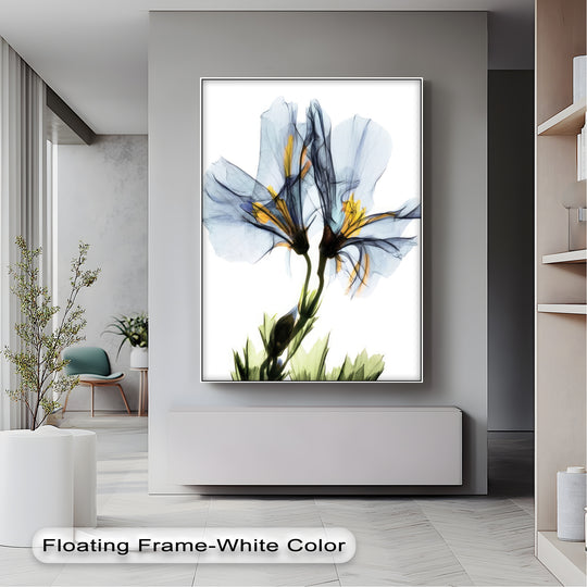 The canvas wall art features an ethereal blue petal design with soft gold accents and delicate details and is elegant botanical wall art and a floral canvas print