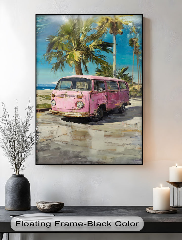 Pink Paradise Ride – Vintage Van by the Beach Canvas Print