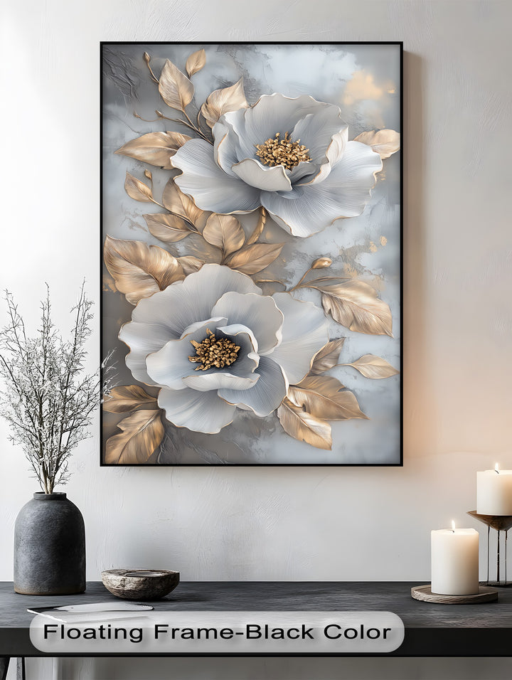 Metallic Petal Elegance – Gold and Silver Floral Canvas Print