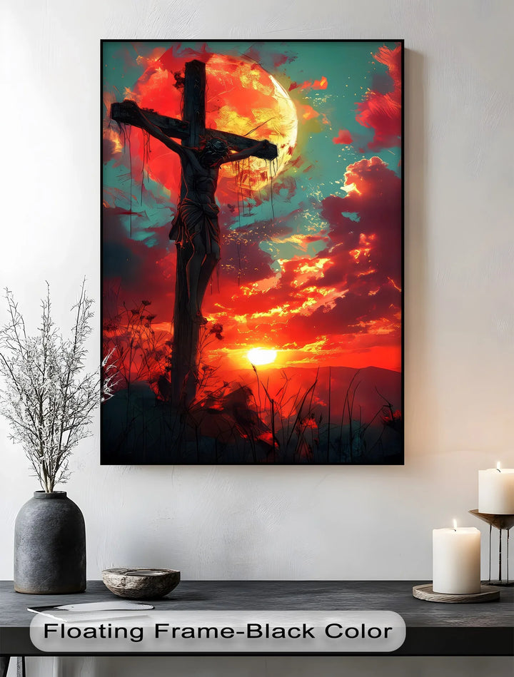 Crimson Redemption – Jesus on the Cross at Sunset Canvas Print