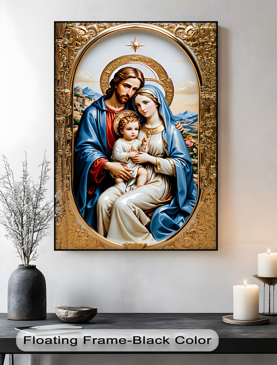 The darkest area, the elegant black floating frame, enhances a vibrant Holy Family religious framed canvas print on a dark table.