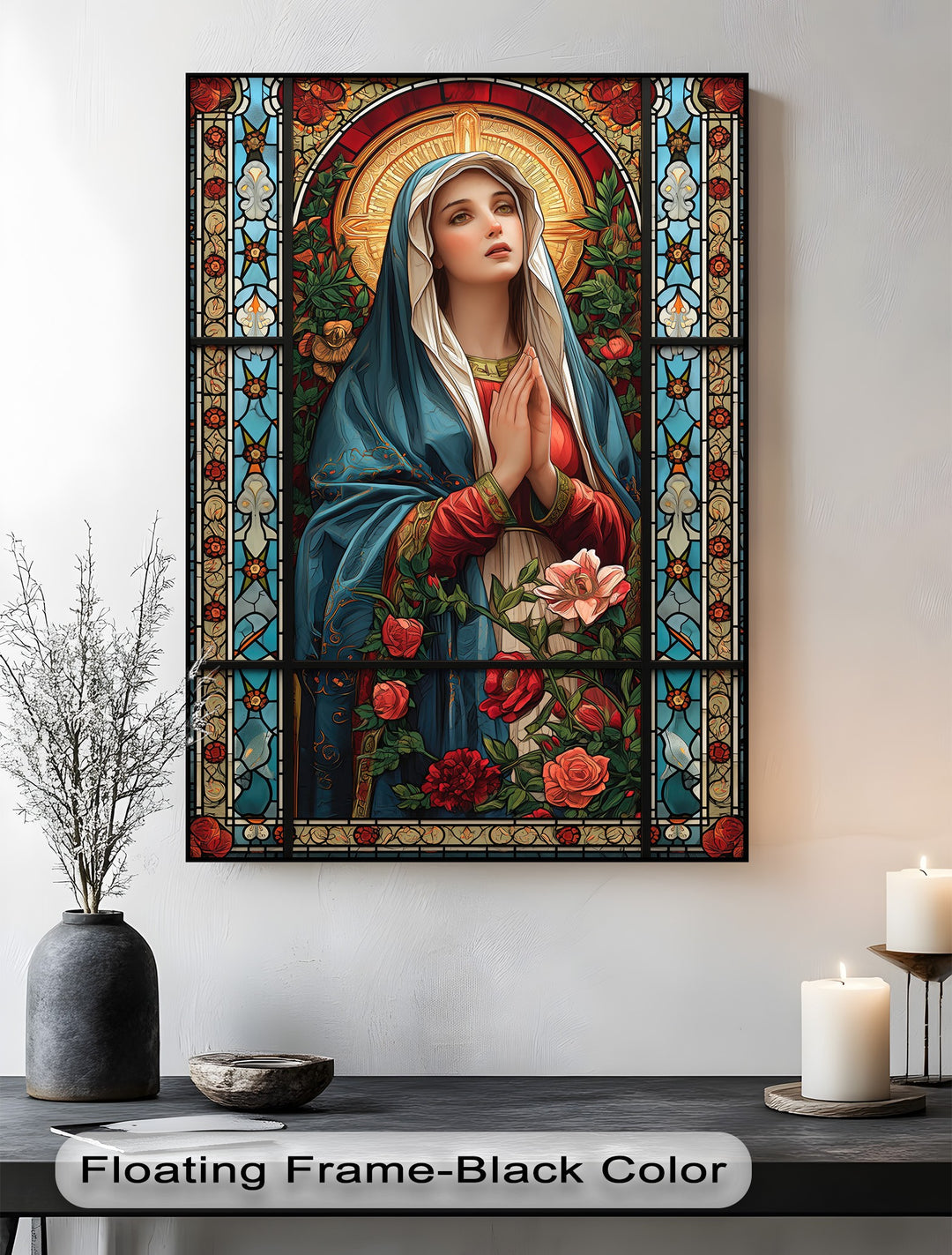A vibrant, prayerful Virgin Mary in a stained glass style is the loudest element on this religious floral framed canvas print.