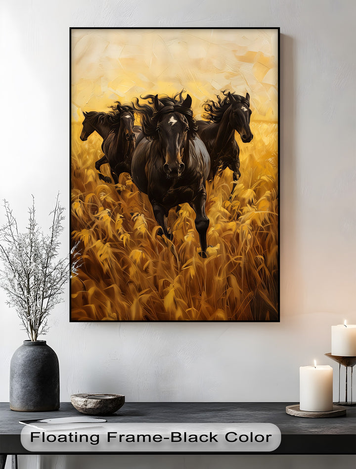 Black Horses Running Through a Wheat Field - Horse Canvas Print