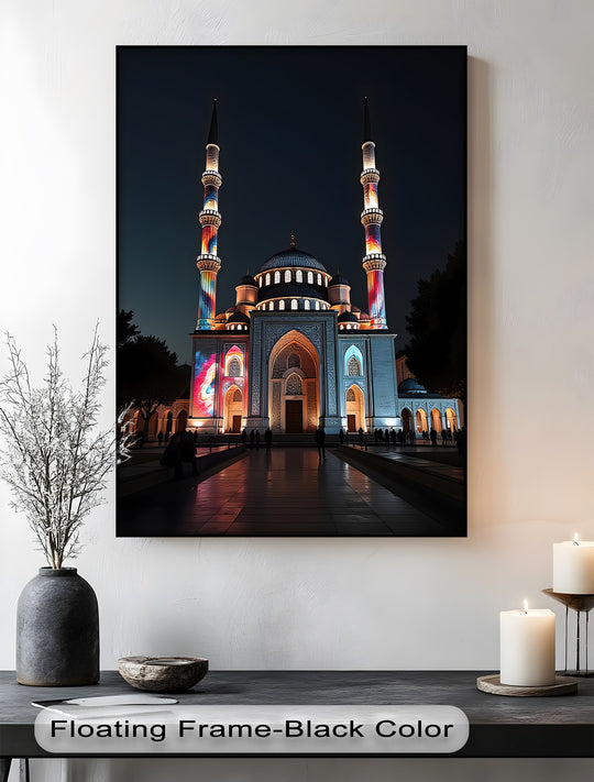 Transitions in color illuminate the Radiant Minarets canvas print, showcasing premium canvas decor where vibrant hues blend across the Islamic architecture.