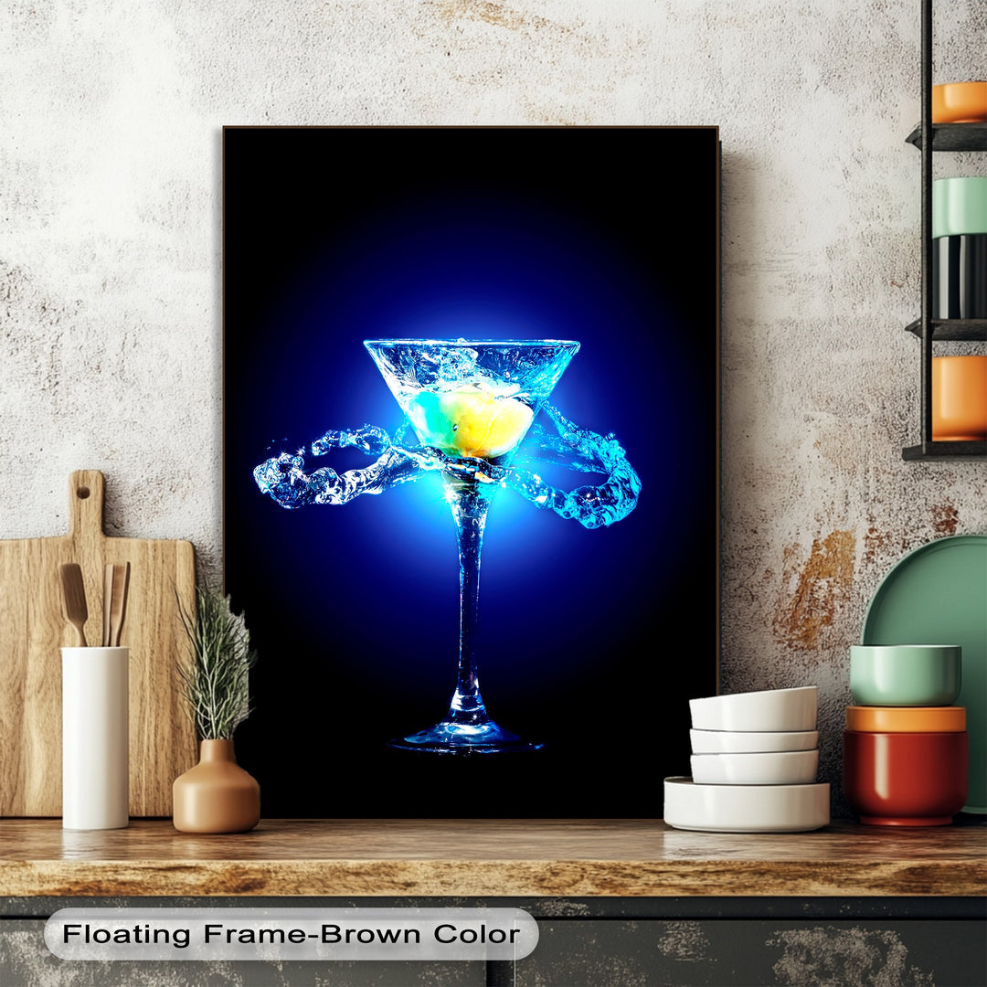 Experience the realistic detail of this framed canvas art, showcasing a vibrant blue martini with a lemon and a dramatic water splash.