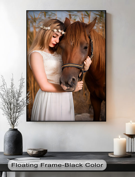 Canvas and emotional print of a girl embracing a brown horse plus girl and horse painting with a canvas wall art design