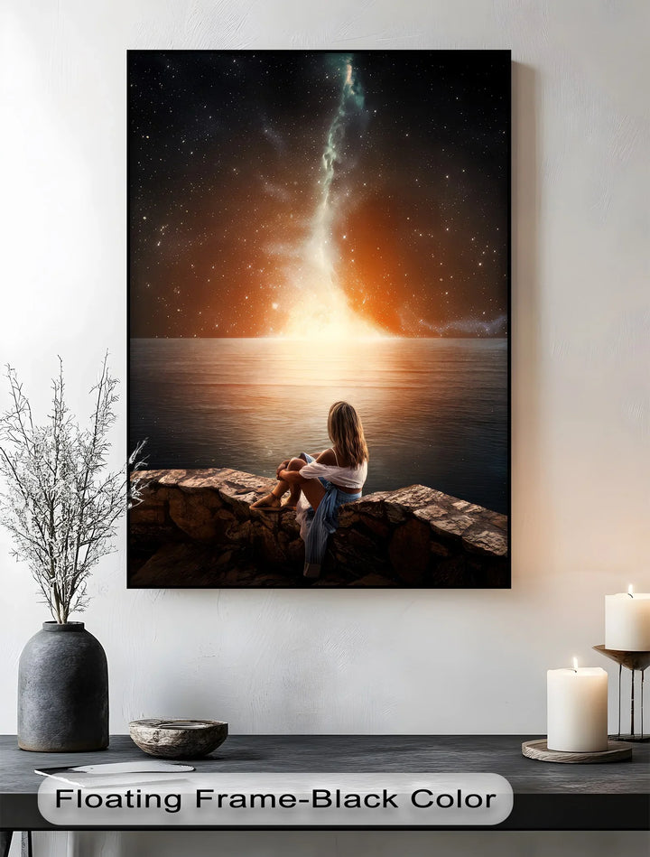 Cosmic Reflection – Stargazing Woman by the Ocean Canvas Print
