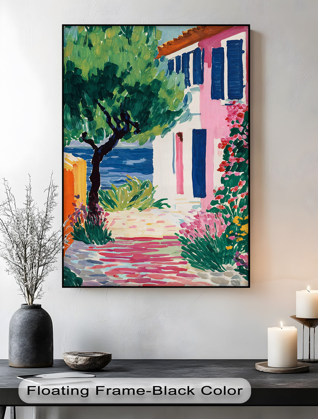 In the background of this colorful Mediterranean village canvas print, the calm ocean and lush trees contrast with the big canvas prints.