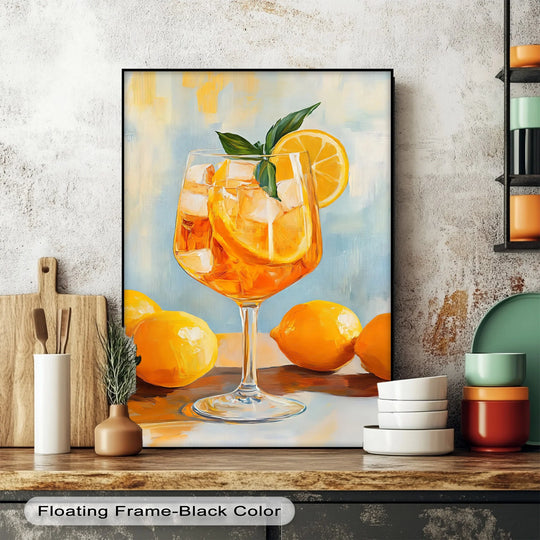 Geometric arrangement showcasing a lemon cocktail canvas artwork print featuring triangular ice cubes, a circular lemon slice, and rectangular shapes in the background.