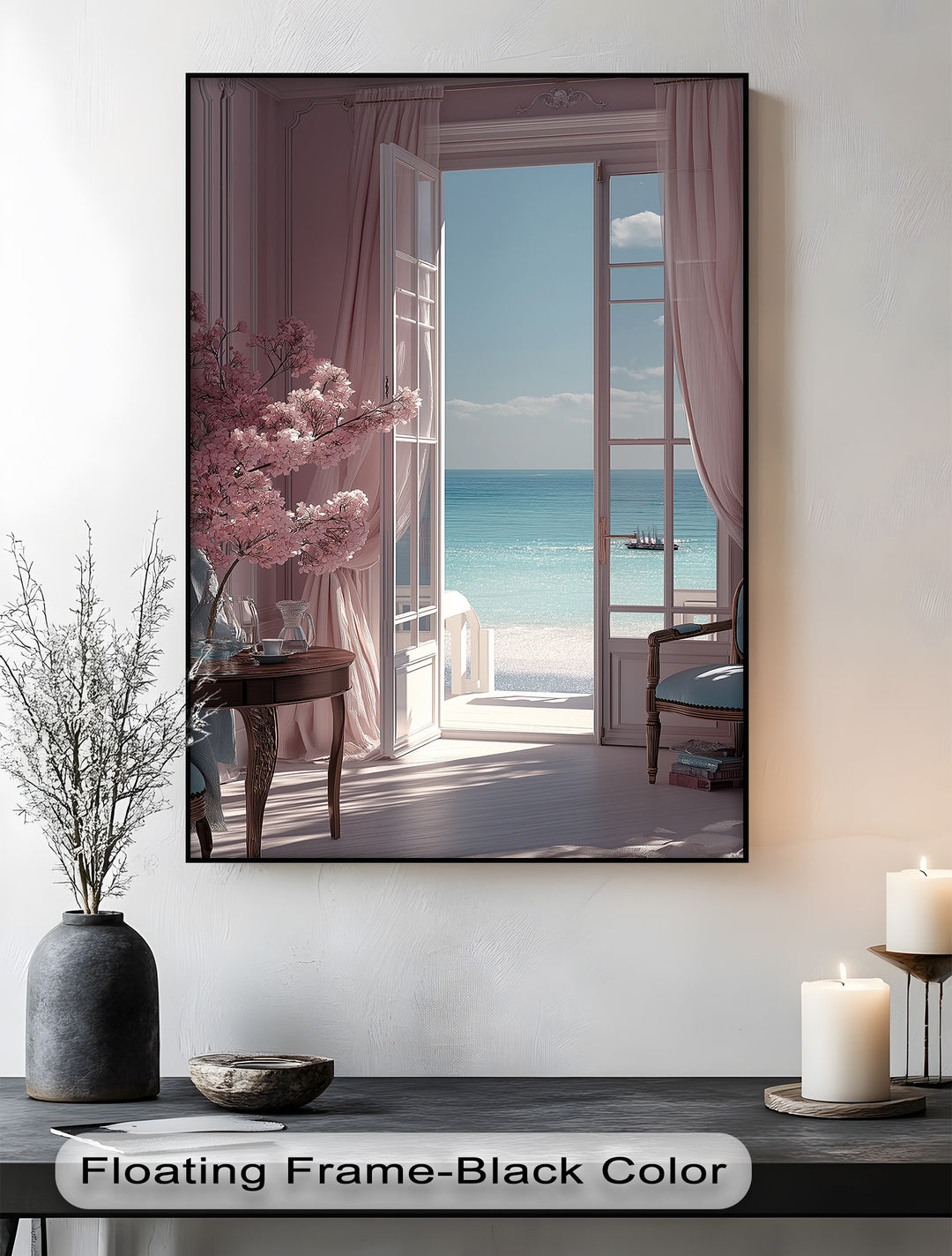 Seaside Serenity – Elegant Room with Ocean View Canvas Print
