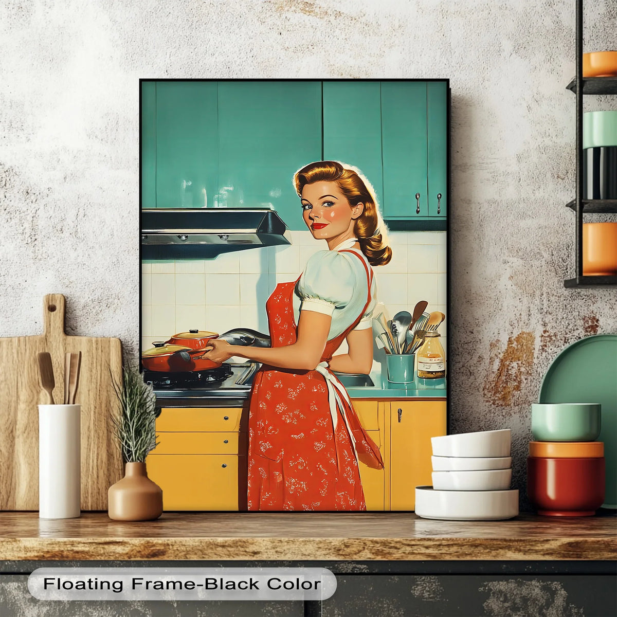 Softly styled hair frames the face of the woman in this retro homemaker canvas print, a unique canvas print showcasing a vintage kitchen scene with bold colors and cheerful charm.
