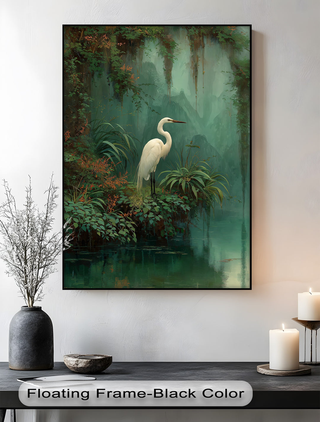 Verdant, misty jungle creates a captivating backdrop for this mystic jungle heron canvas print, enhancing the premium canvas decor with its tropical wildlife wall art design.
