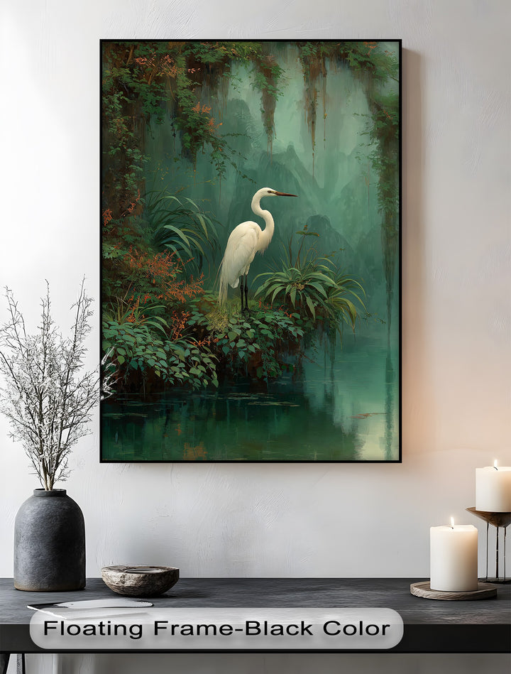 Verdant, misty jungle creates a captivating backdrop for this mystic jungle heron canvas print, enhancing the premium canvas decor with its tropical wildlife wall art design.