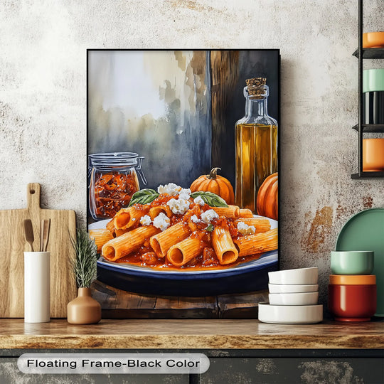 Rectangular pasta shapes and cylindrical containers define the geometric composition of this premium canvas decor featuring a rustic Italian kitchen print.