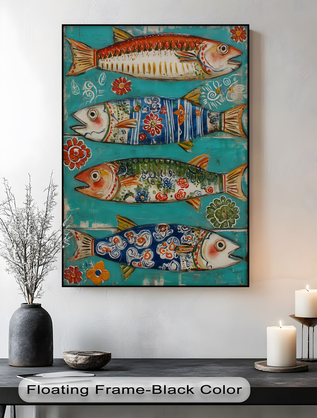 Subtle light and shadow play across this colorful folk fish canvas pictures print, highlighting the textured turquoise background and coastal decorative fish.