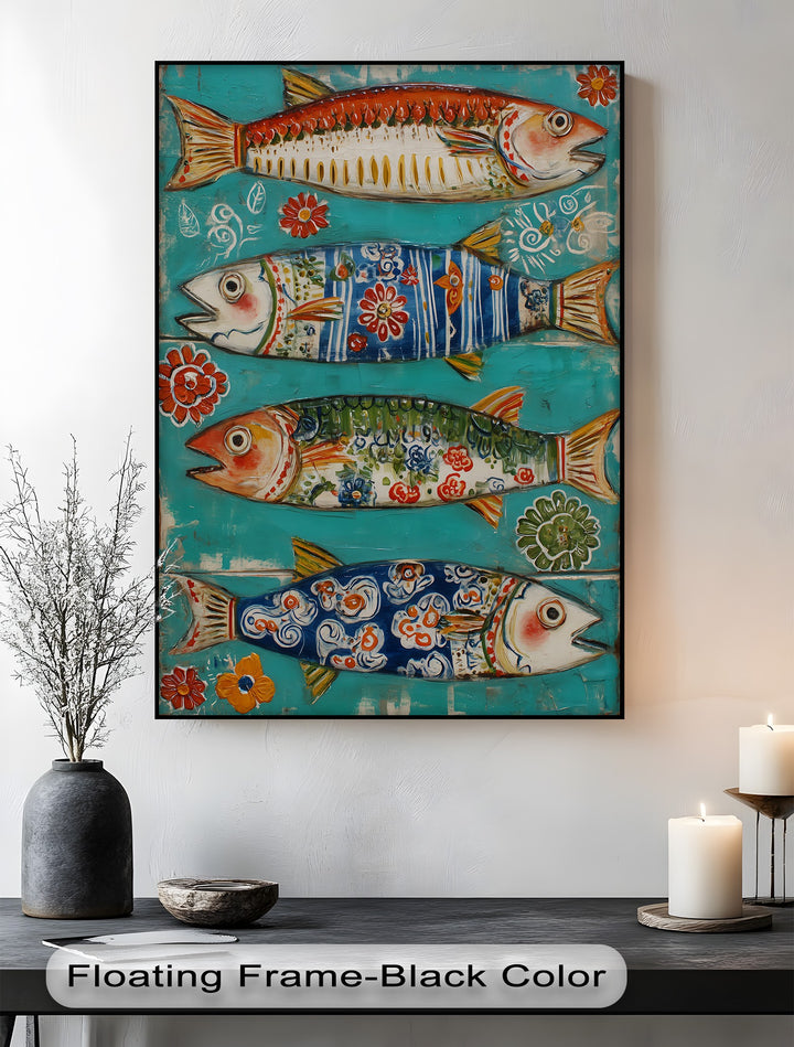Subtle light and shadow play across this colorful folk fish canvas pictures print, highlighting the textured turquoise background and coastal decorative fish.