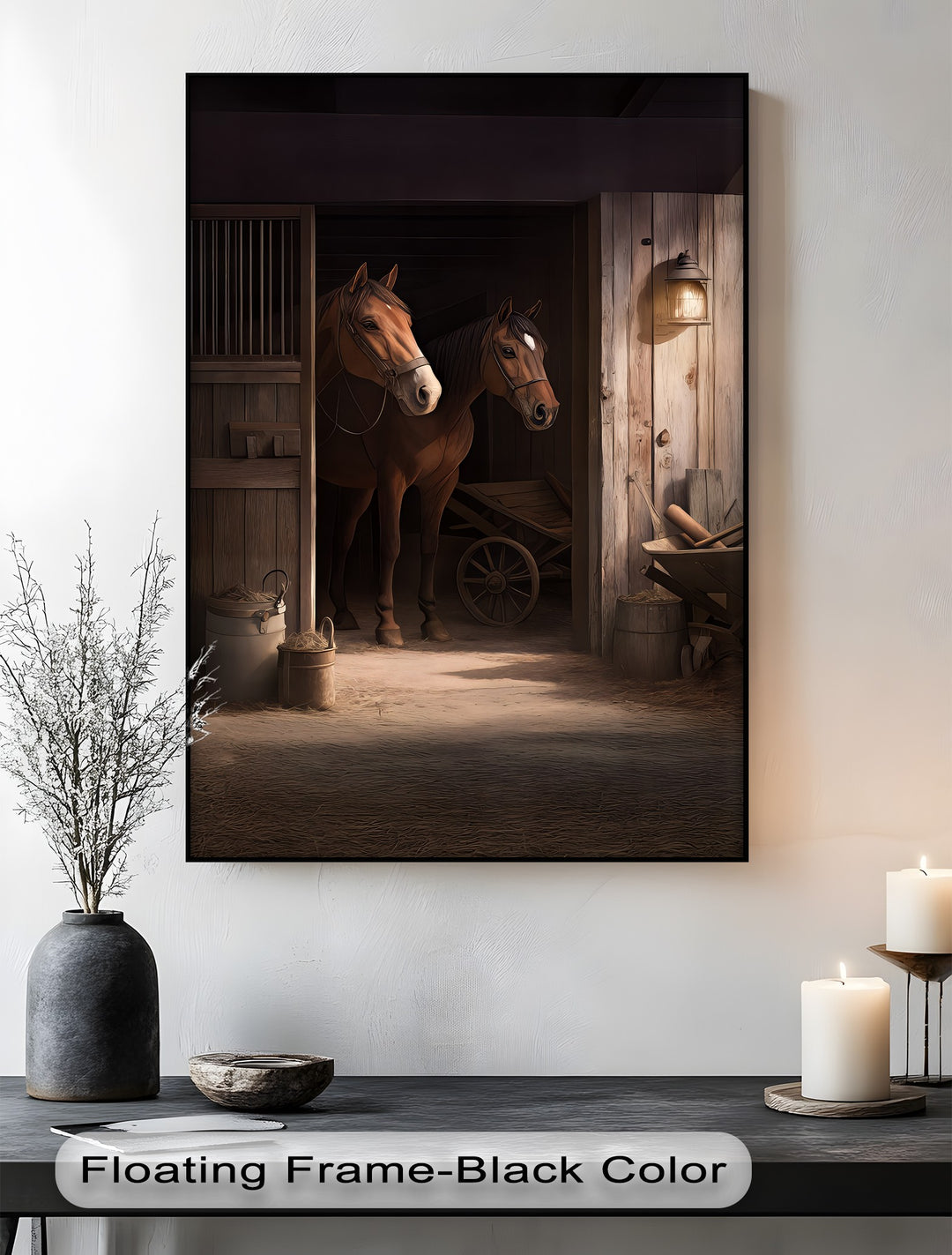 Stable Companions – Rustic Horse Barn Scene Canvas Print