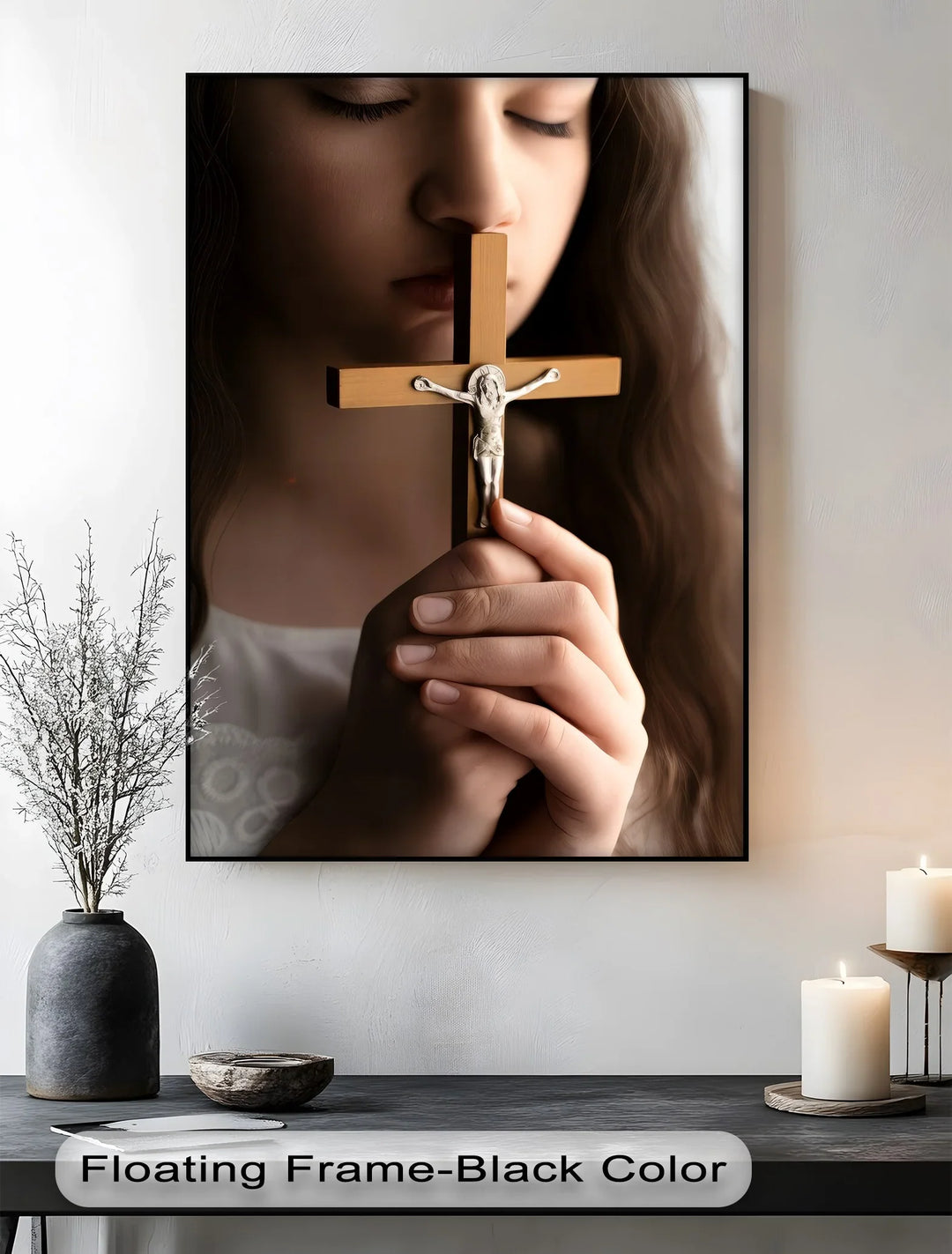 Faithful Prayer – Girl Holding Crucifix Close-Up Canvas Print