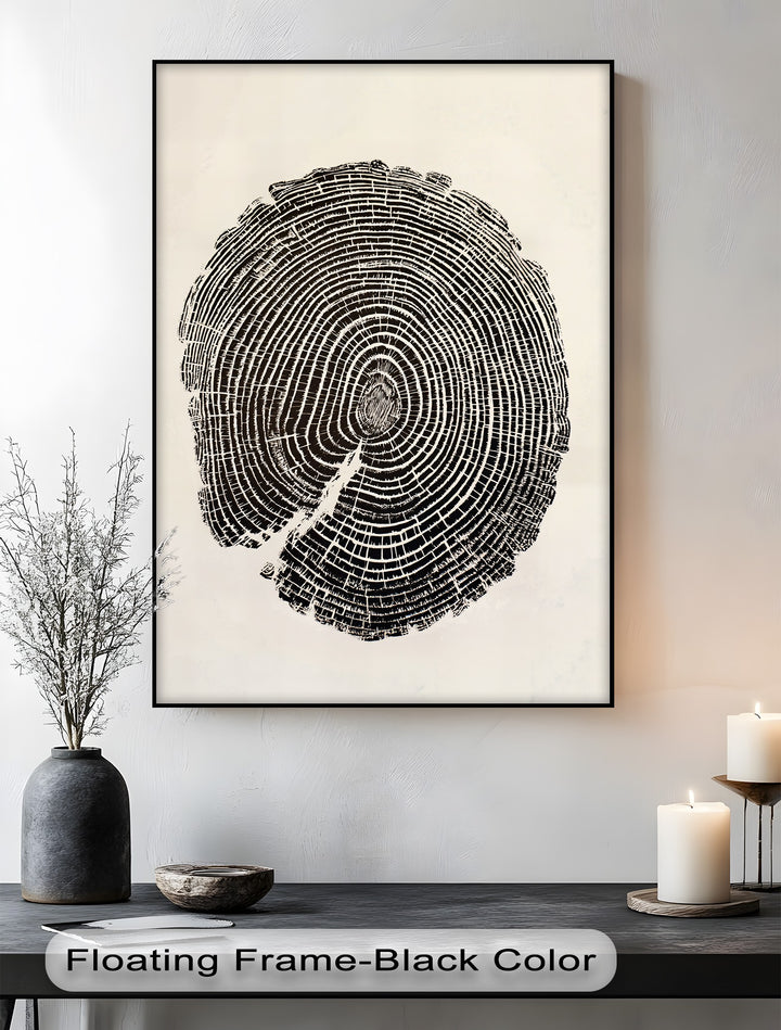 Highlighting the transition between colors, this minimalist tree ring canvas print displays the striking contrast of black and white wood grain, exemplifying one of the best canvas prints for modern wall art.