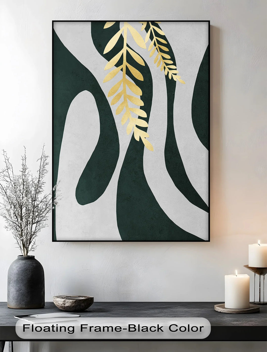 Golden Fern Over Emerald Flow – Minimal Botanical Canvas Print - MyPhotoStation