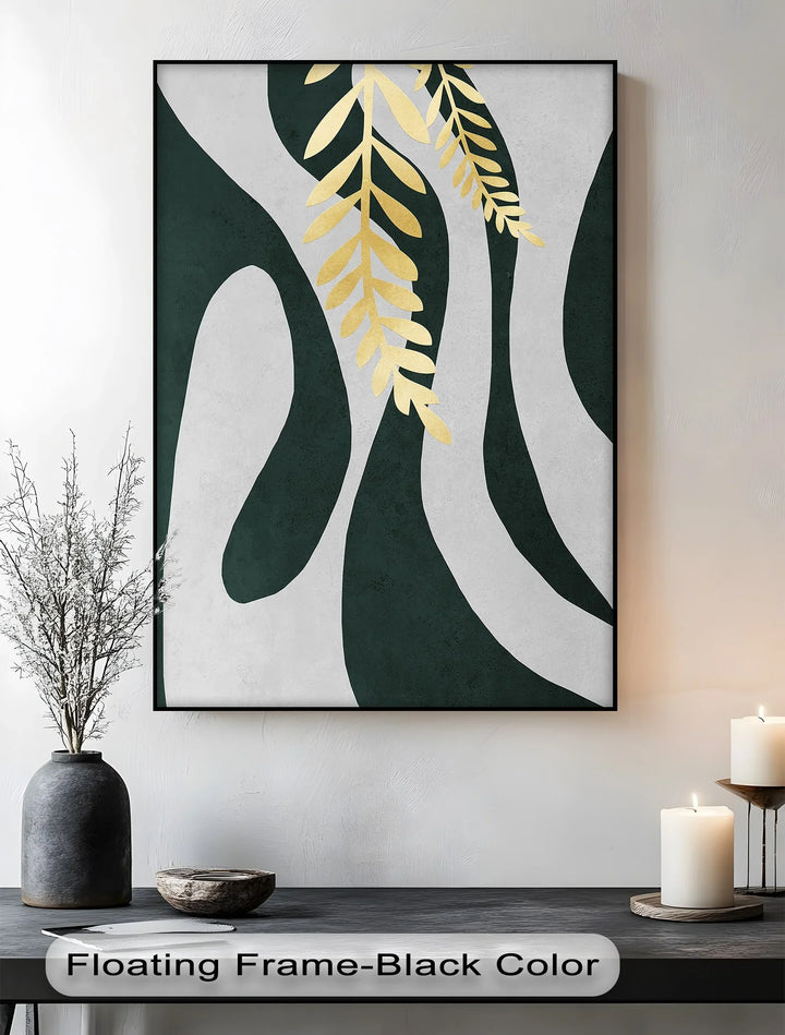 Golden Fern Over Emerald Flow – Minimal Botanical Canvas Print - MyPhotoStation