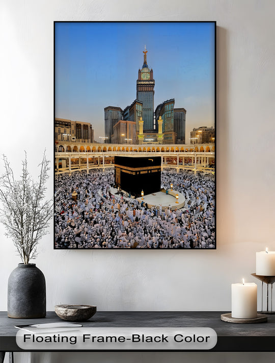 Sharp color contrast defines this high quality canvas prints art piece showing the Kaaba at sunset, contrasted against the Abraj Al-Bait Clock Tower.