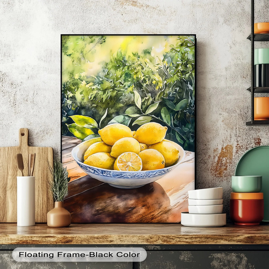Sunlit Lemons in Porcelain Bowl – Mediterranean Kitchen Canvas Print - MyPhotoStation
