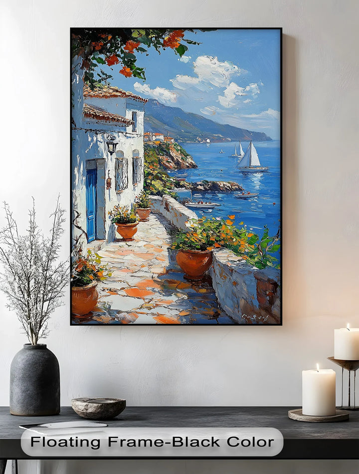 Mediterranean Stroll – Seaside Village Path with Blue Door Canvas Print - MyPhotoStation