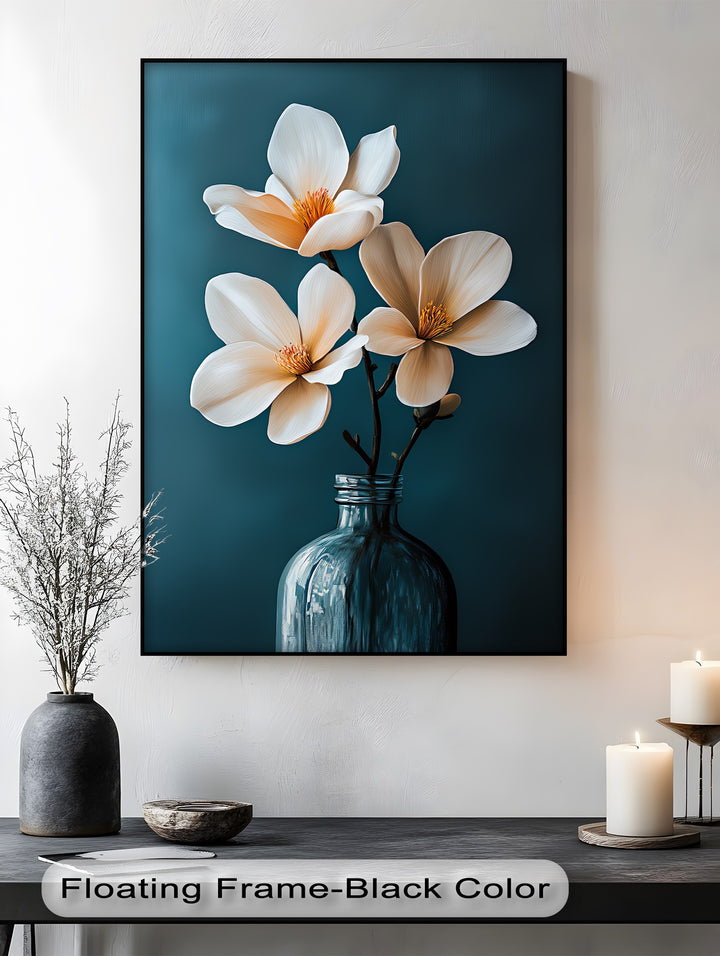 White Magnolia Trio in Teal – Elegant Floral Canvas Prints