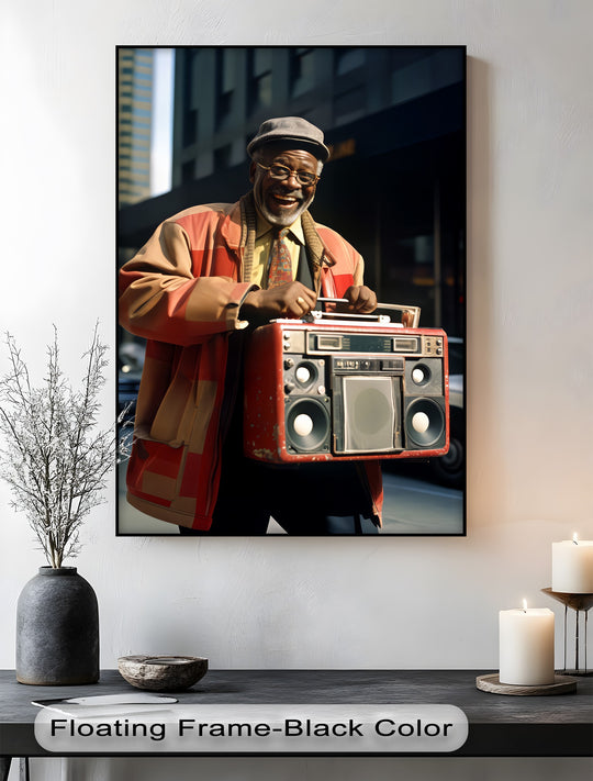 Centered as the focal point, the high quality canvas prints showcase a smiling man carrying a red boombox, creating a vivid urban retro street art piece.
