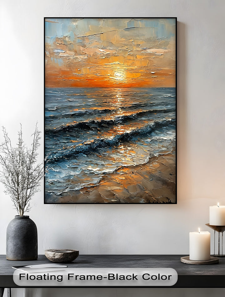 Golden Horizon – Textured Sunset Seascape Canvas Print