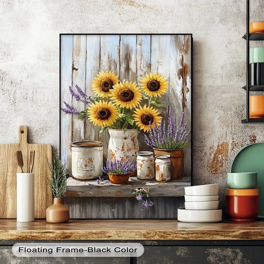 Radiant sunflowers in farmhouse floral canvas art prints are the brightest focus in this rustic scene, highlighting the delicate lavender and weathered jars.