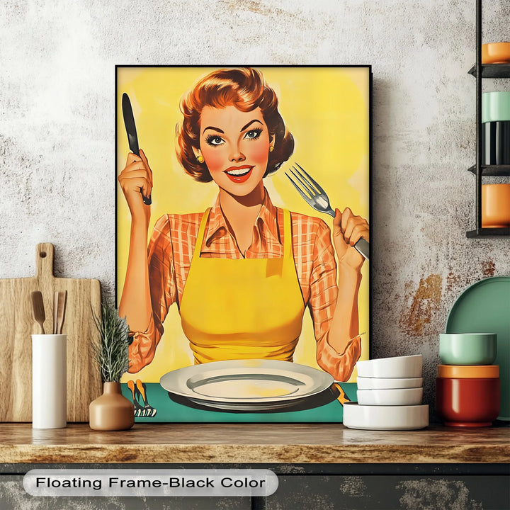 Hungry & Happy – Retro Kitchen Lady Canvas Print - MyPhotoStation