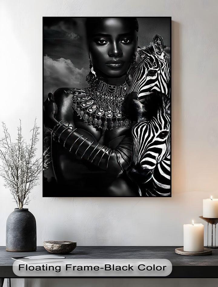 The interplay of intense light and deep shadow dramatically highlights the elegant monochrome zebra portrait, an example of best canvas prints.