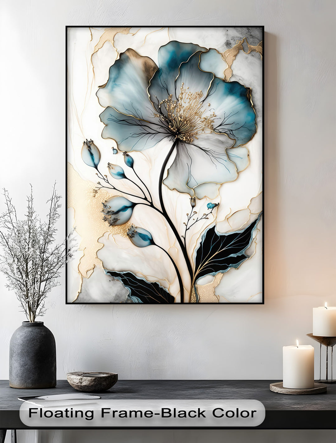 The layered translucent petals of the blue floral design create depth, enhanced by delicate gold veins, making a luxurious piece of canvas wall decor.