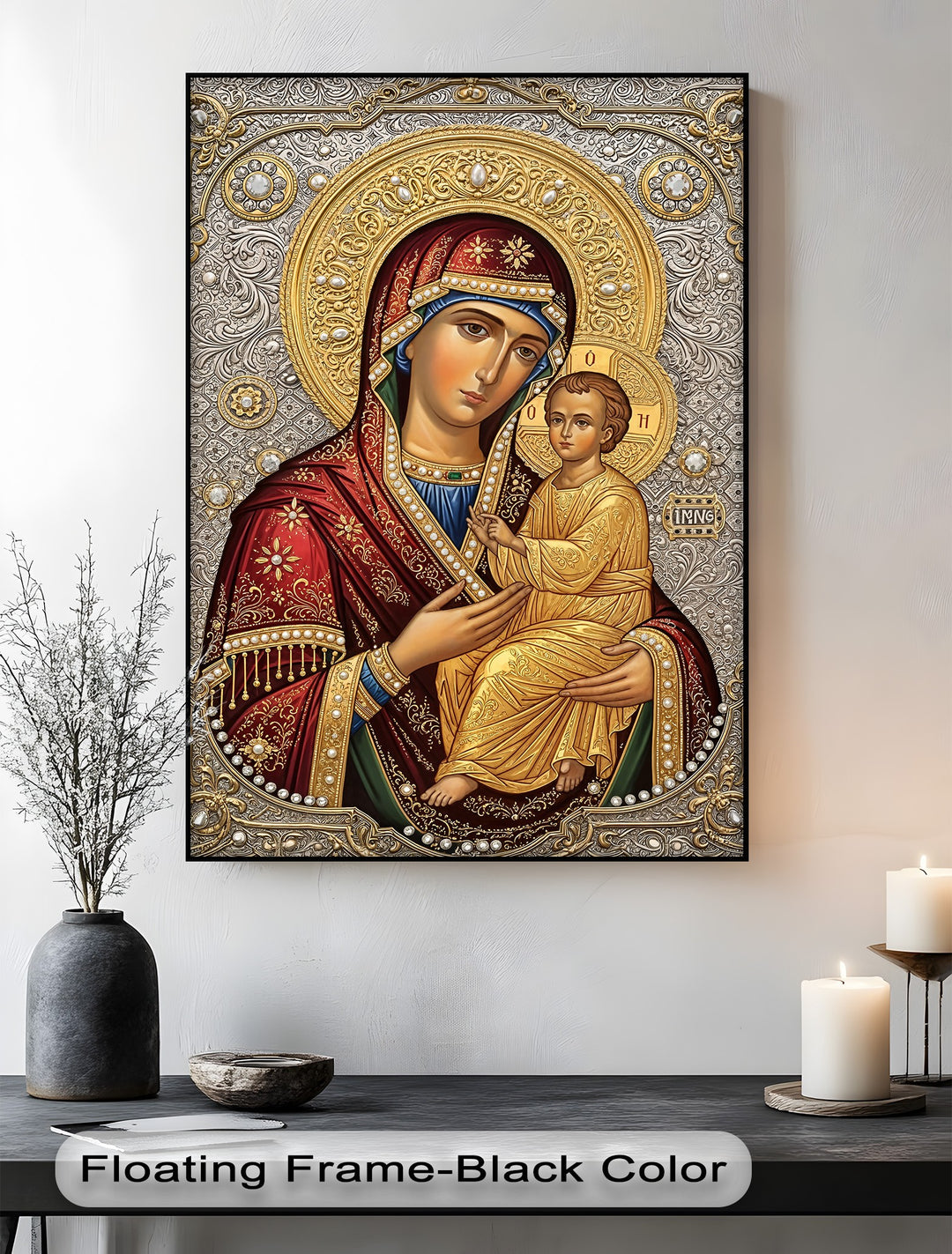The black floating frame elegantly borders the detailed gold and silver Christian icon of the Virgin Mary and Child, one of the best canvas prints.