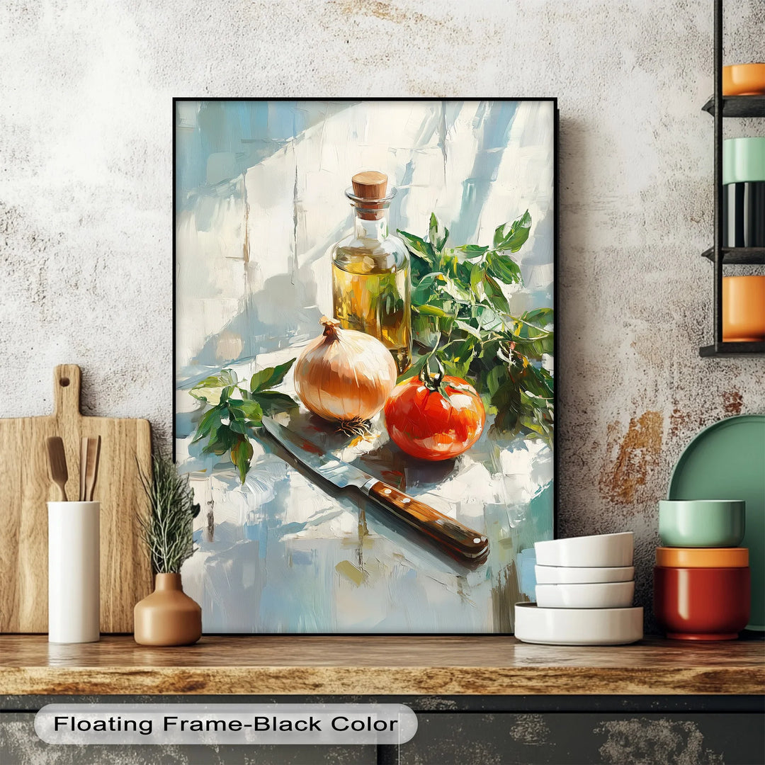 Rustic Kitchen Essentials – Tomato, Onion & Olive Oil Still Life Canvas Print - MyPhotoStation