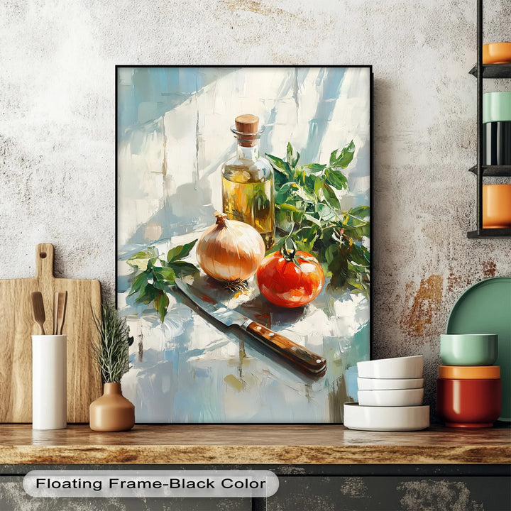 Rustic Kitchen Essentials – Tomato, Onion & Olive Oil Still Life Canvas Print - MyPhotoStation