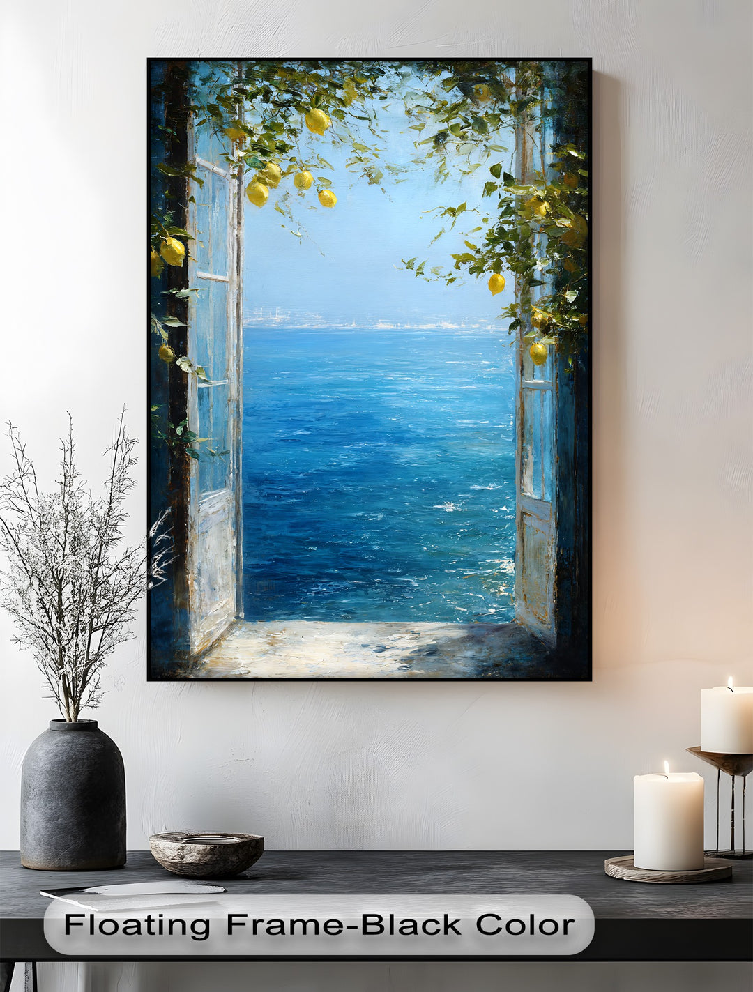 The focal point shows a Mediterranean lemon window premium canvas decor print, showcasing an ocean view with the coastal sea visible through an open window adorned with lemons.